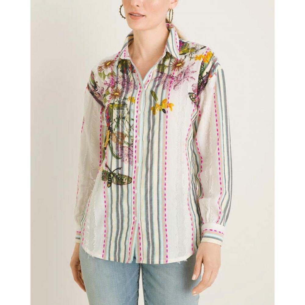 Chico's Women's Printed Embellished Floral Top Size 8 Embroidered Beaded Striped